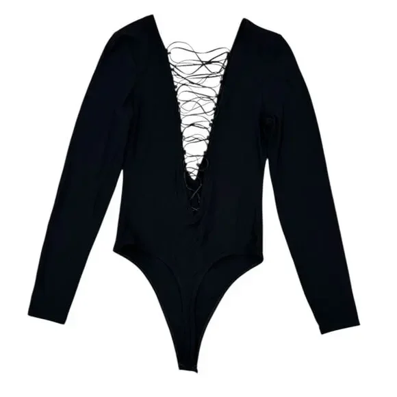 NWT Victoria's Secret Black Long Sleeve Strappy Deep V-Neck Thong Bodysuit - Picture 2 of 5
